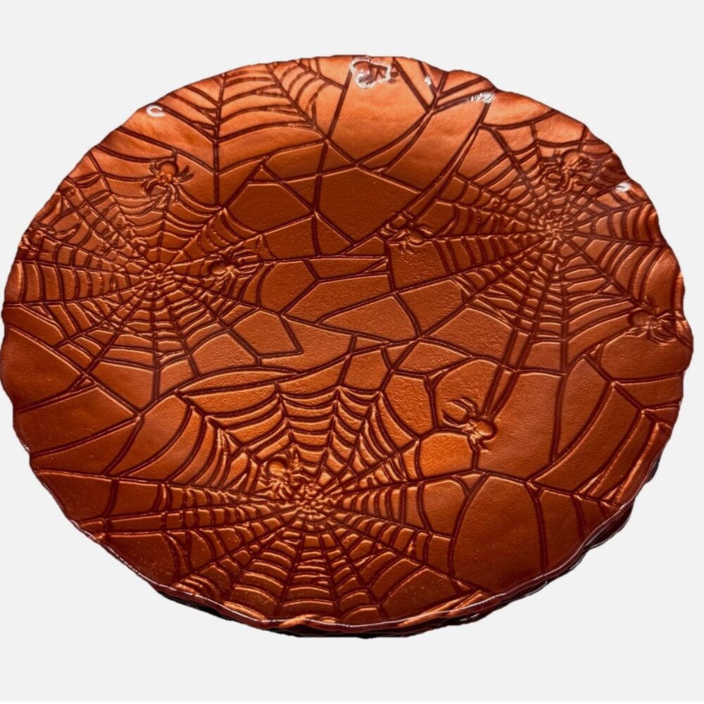 x4 Akcam Turkish Glass Halloween Salad Dessert Plates Orange Spiderweb Embossed